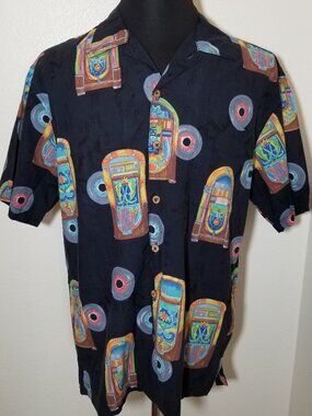 Bluewater Wear Mens L Black Button Up Shirt Juke Box Records Retro 50's Party